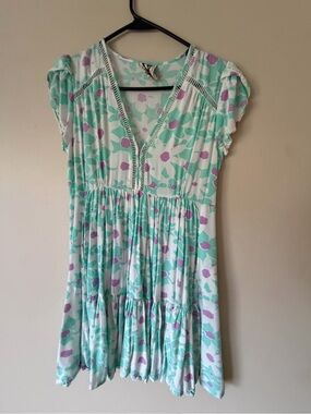 Jaase Mint and Purple Floral V-Neck Tiered Casual Dress